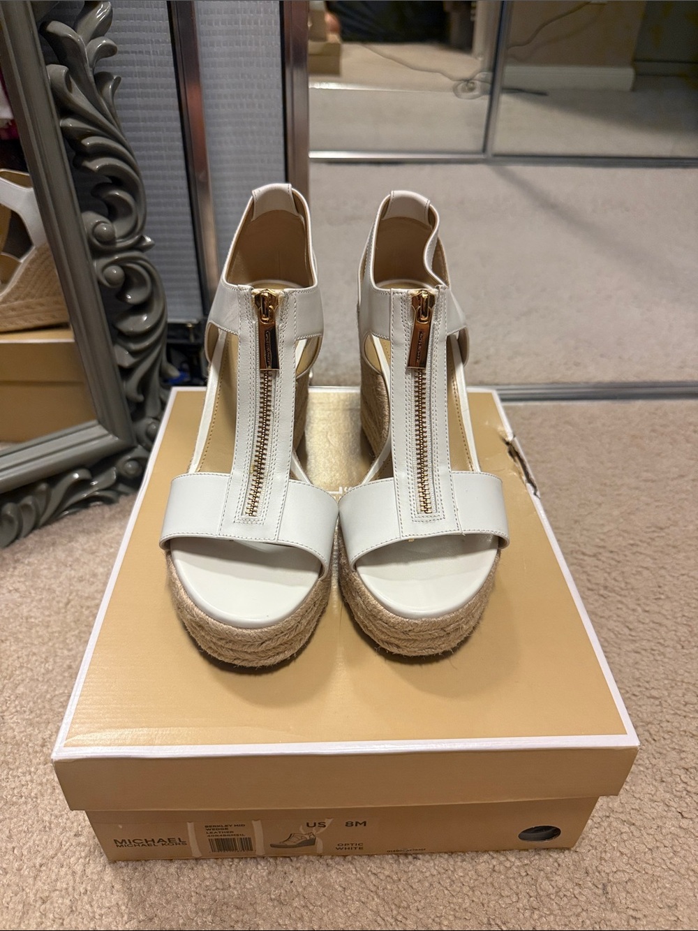 Michael Kors Berkley White Leather Espadrille Wedge Sandals with Gold Zipper